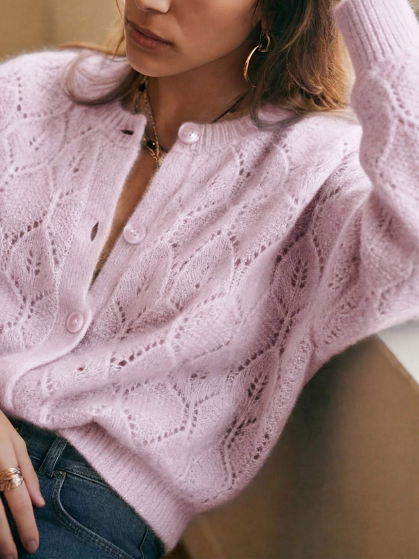 Celine | Damski sweter z dzianiny ażurowanej zapinany na guziki – luźny kardigan