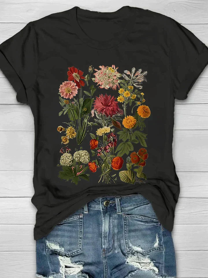 Leocadia | Damskie T-shirt z kwiatowym nadrukiem – bluzka w stylu retro z krótkim rękawem