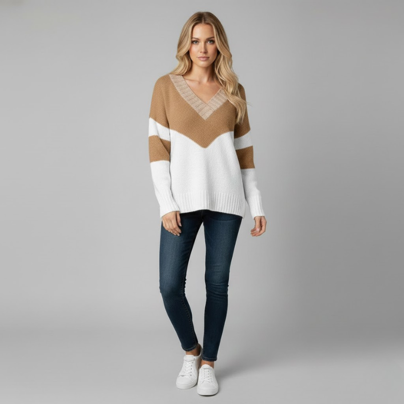 Elegancki sweter damski z dzianiny z dekoltem w serek – prosta, codzienna elegancja