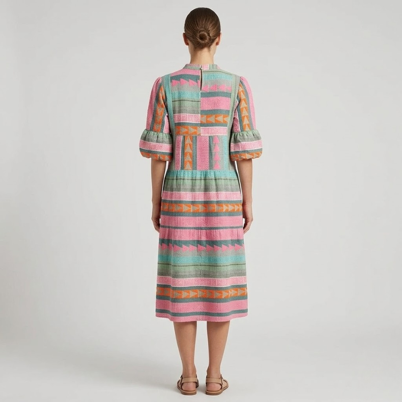 Elegant midi dress with puff sleeves, calf-length – elegant, sophisticated women's fashion