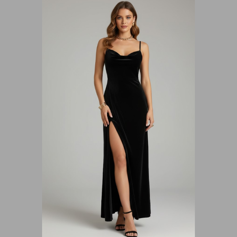 Elegant maxi dress with a slit for women – a sophisticated outfit for weddings and formal attire