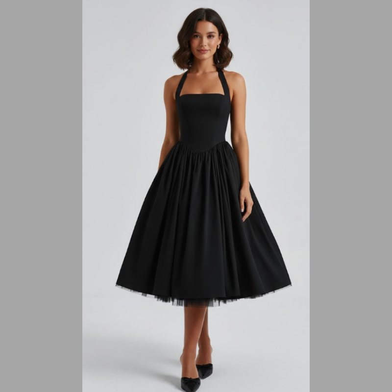 Ponadczasowa damska sukienka midi z wiązaniem na szyi – elegancki strój na wesele