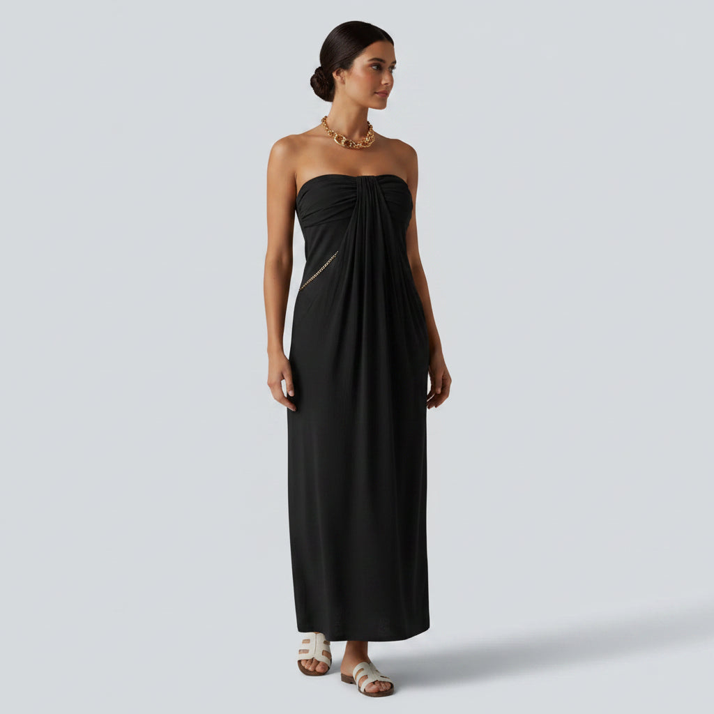 Sukienka maxi z dekoltem halter i wbudowanym biustonoszem – lniana w stylu resortowym z kieszeniami