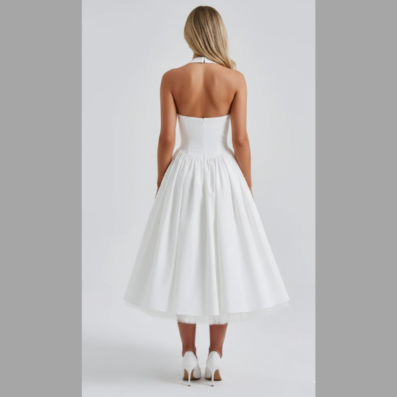 Ponadczasowa damska sukienka midi z wiązaniem na szyi – elegancki strój na wesele