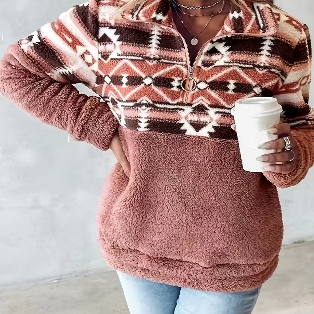 Davenly | Damska bluza typu teddy – geometryczny wzór, bluza z półzamkiem