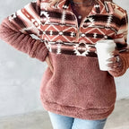 Davenly | Damska bluza typu teddy – geometryczny wzór, bluza z półzamkiem