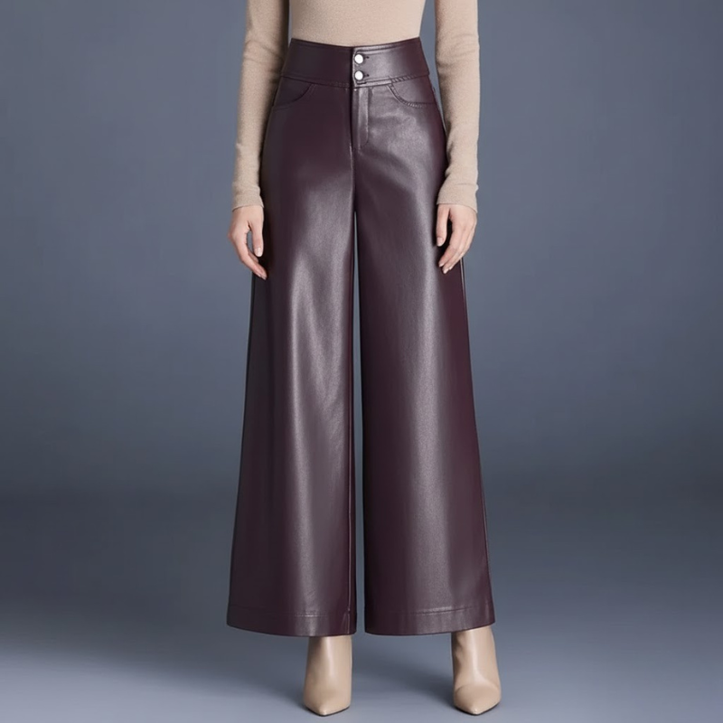 Eleganckie spodnie ze sztucznej skóry z wysokim stanem – nowoczesny styl z szerokimi nogawkami