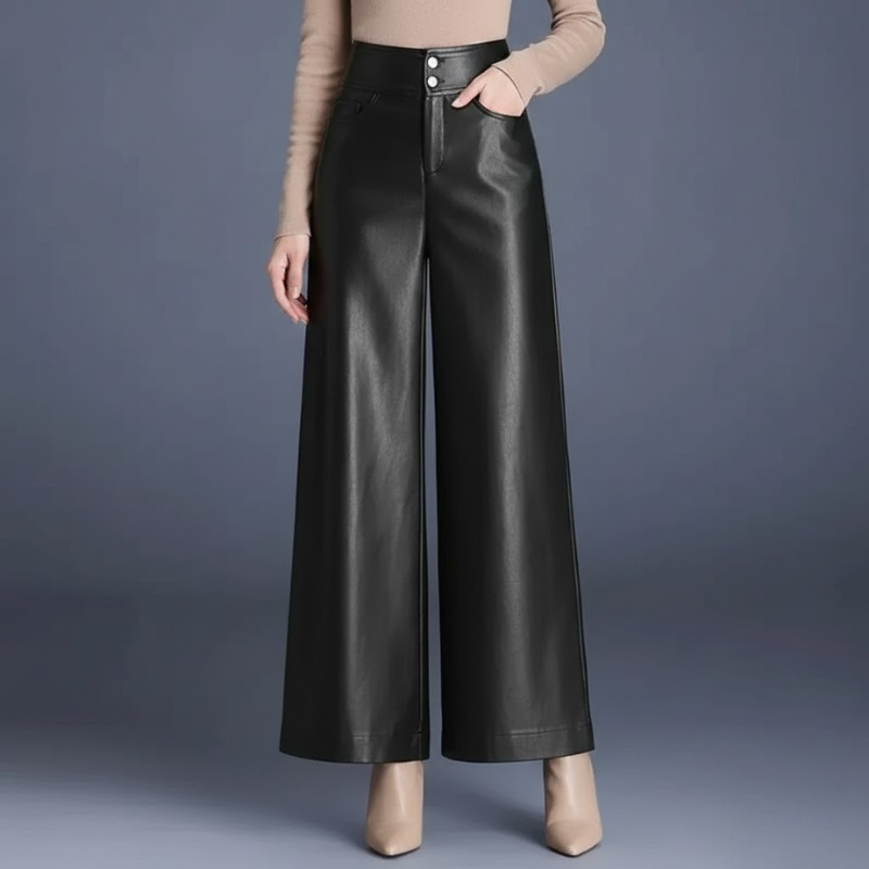 Eleganckie spodnie ze sztucznej skóry z wysokim stanem – nowoczesny styl z szerokimi nogawkami