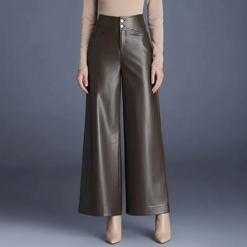 Elegant faux leather high-waisted trousers - modern style with wide legs