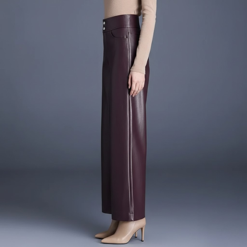 Eleganckie spodnie ze sztucznej skóry z wysokim stanem – nowoczesny styl z szerokimi nogawkami