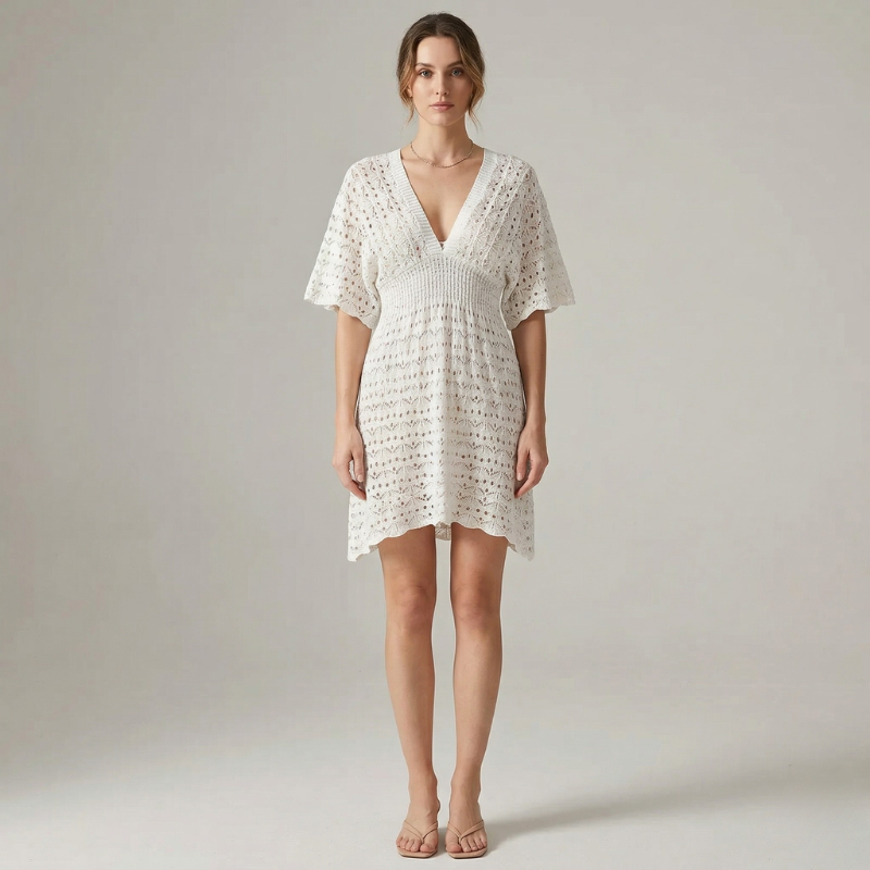 Elegant crocheted women's beach mini cover-up – V-neck short-sleeve swimwear dress