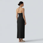 Sukienka maxi z dekoltem halter i wbudowanym biustonoszem – lniana w stylu resortowym z kieszeniami