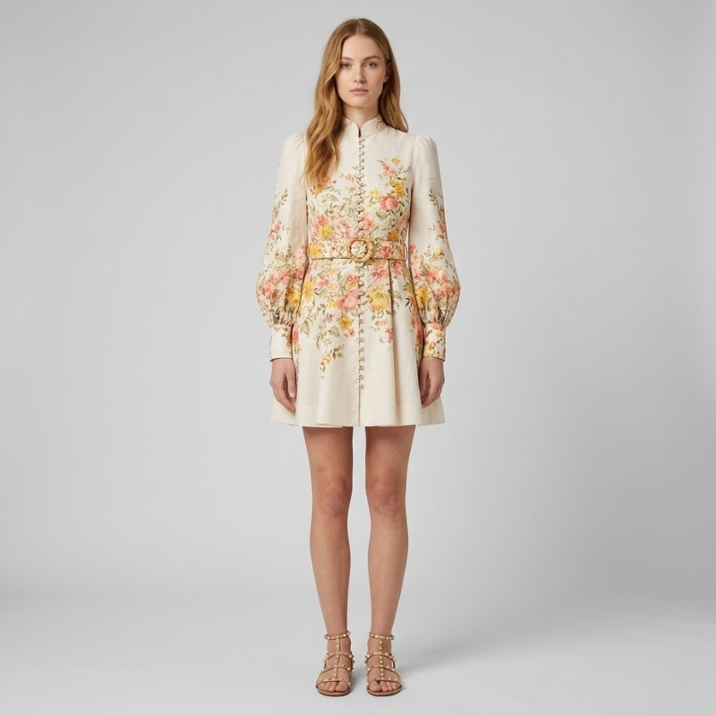 Elegant, patterned mini dress with front button fastening – a stylish, casual women's dress