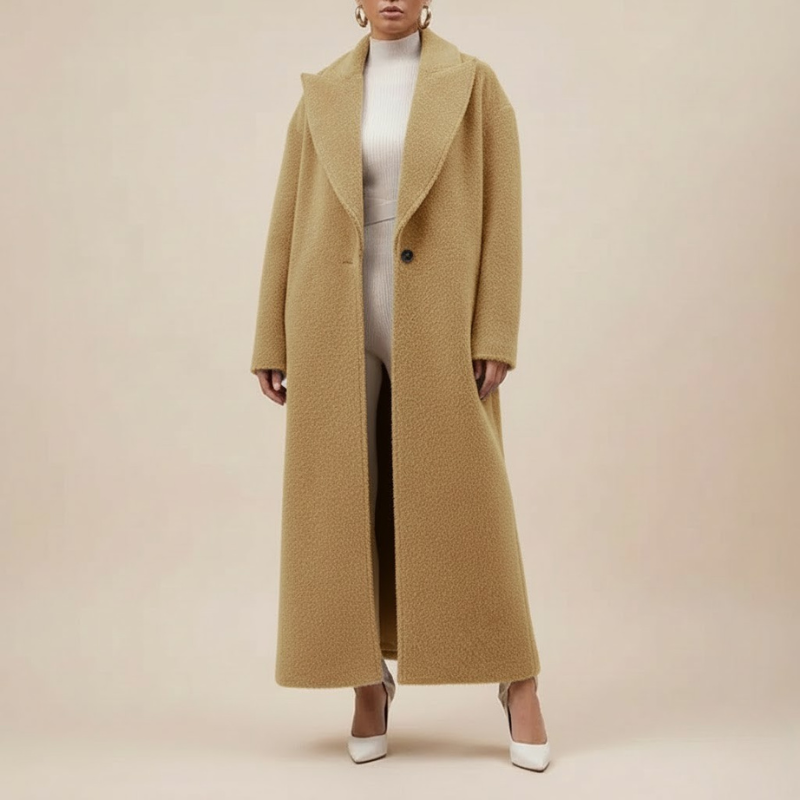 Przytulny, obszerny, długi płaszcz damski – ciepły, codzienny, niezbędny na zimę