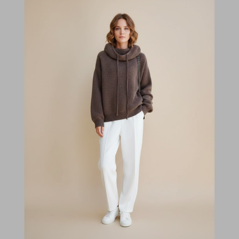 Damski sweter z dzianiny z kapturem – luźny krój, ciepło przez cały dzień