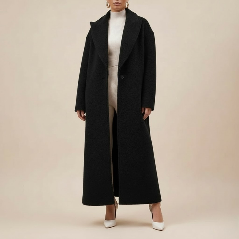 Przytulny, obszerny, długi płaszcz damski – ciepły, codzienny, niezbędny na zimę