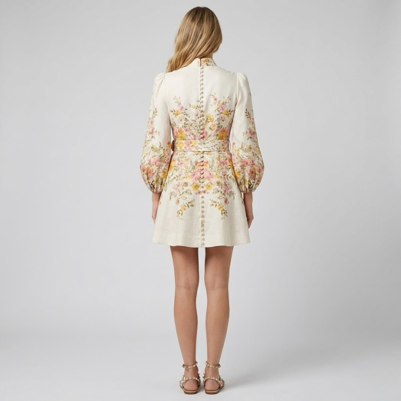 Elegant, patterned mini dress with front button fastening – a stylish, casual women's dress