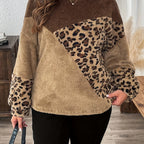 Thalina | Damski sweter z pluszowego materiału w panterkę z kontrastowymi wstawkami