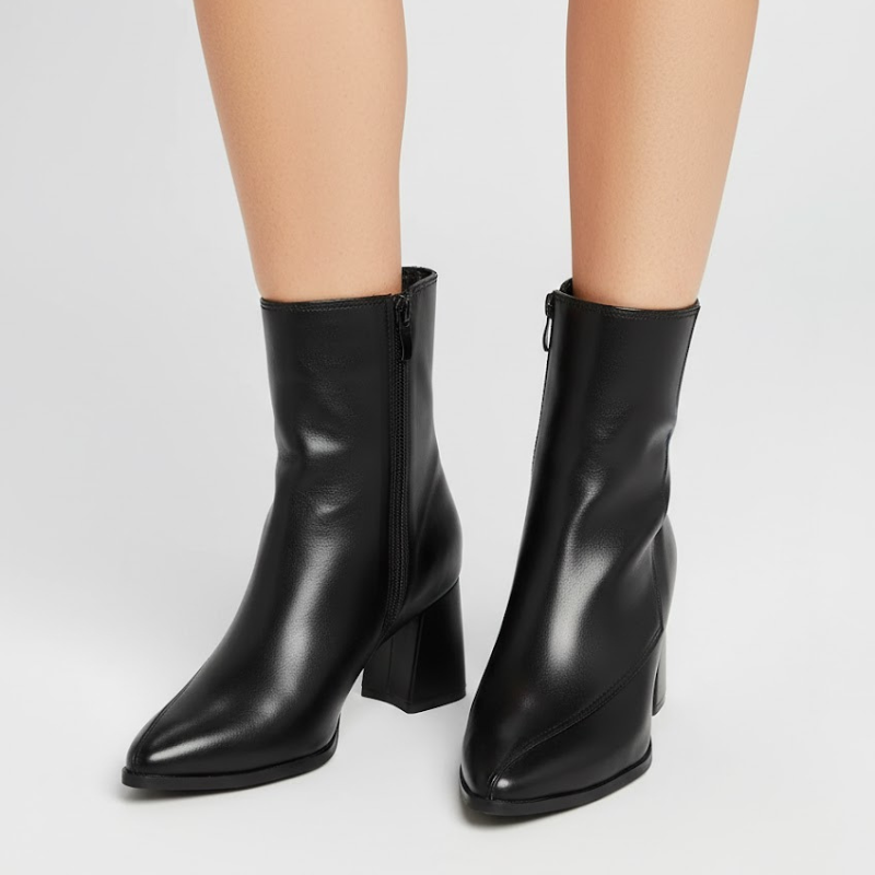 Damskie botki na podwyższonym obcasie – styl z polerowanej czarnej skóry