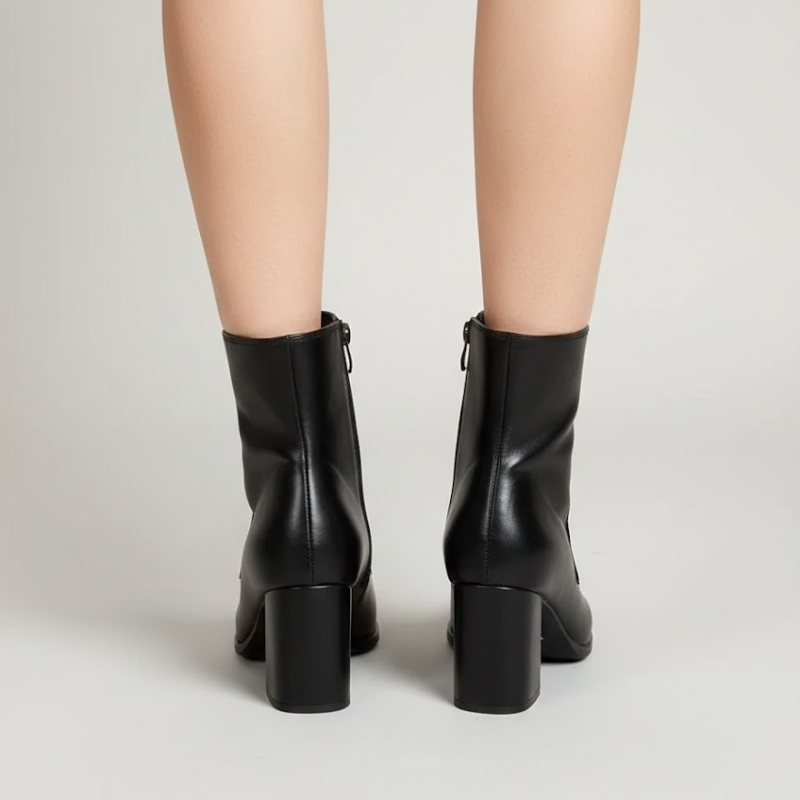 Damskie botki na podwyższonym obcasie – styl z polerowanej czarnej skóry