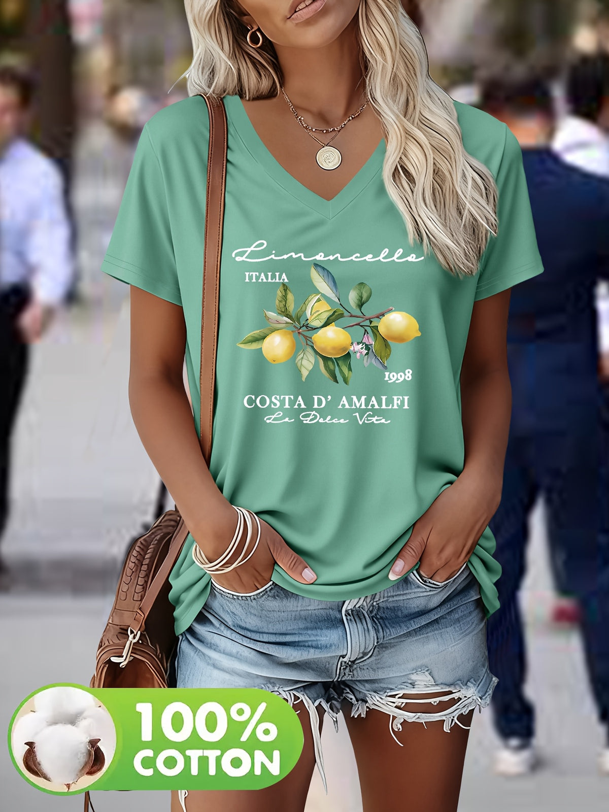 Wisteria | Damski T-shirt z dekoltem w serek – Krótkie rękawy,Nadruk graficzny