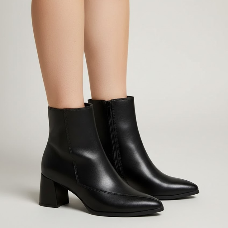 Damskie botki na podwyższonym obcasie – styl z polerowanej czarnej skóry