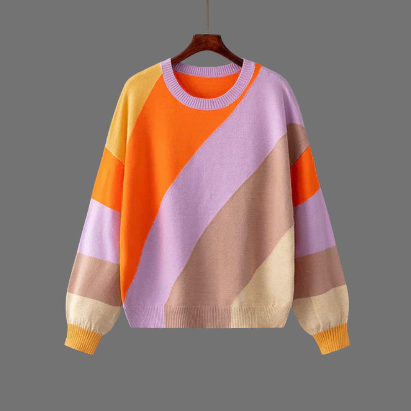 Damski sweter w paski z blokami kolorów – przytulny styl na co dzień