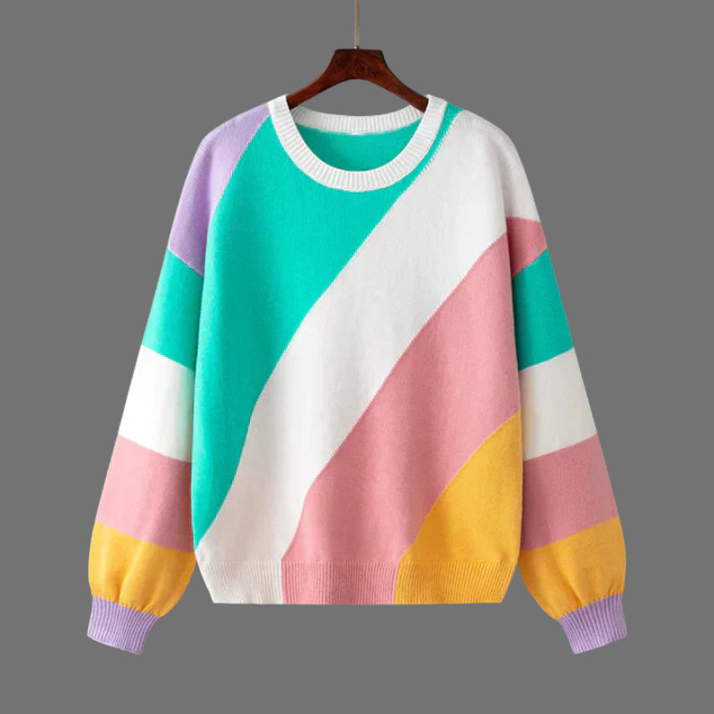Damski sweter w paski z blokami kolorów – przytulny styl na co dzień