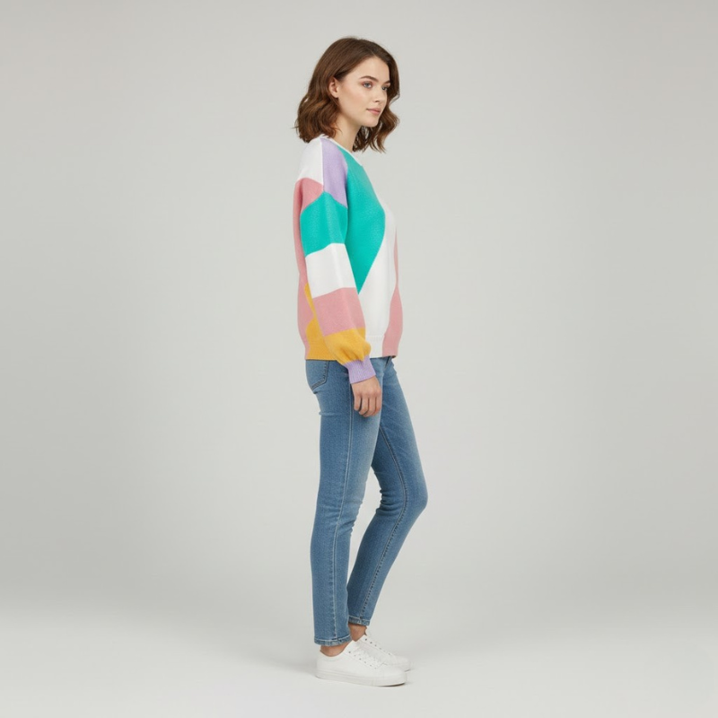 Damski sweter w paski z blokami kolorów – przytulny styl na co dzień