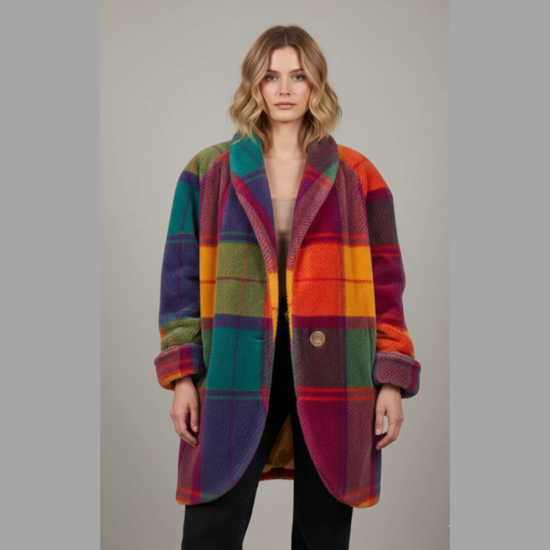 Luźny damski płaszcz w kratę – stylowa wielokolorowa odzież wierzchnia na jesień i zimę