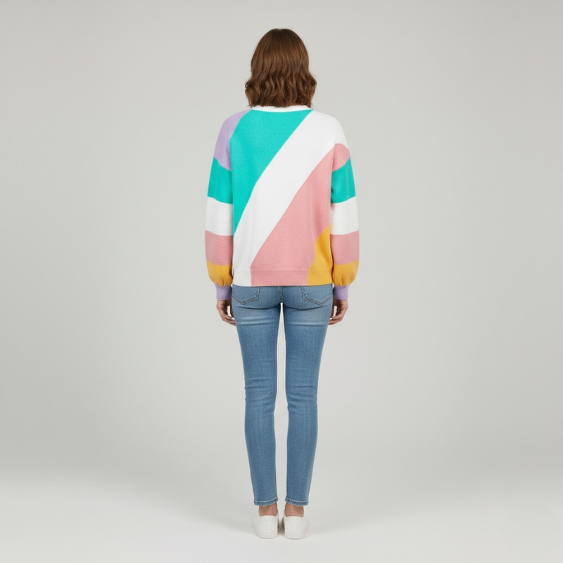 Damski sweter w paski z blokami kolorów – przytulny styl na co dzień