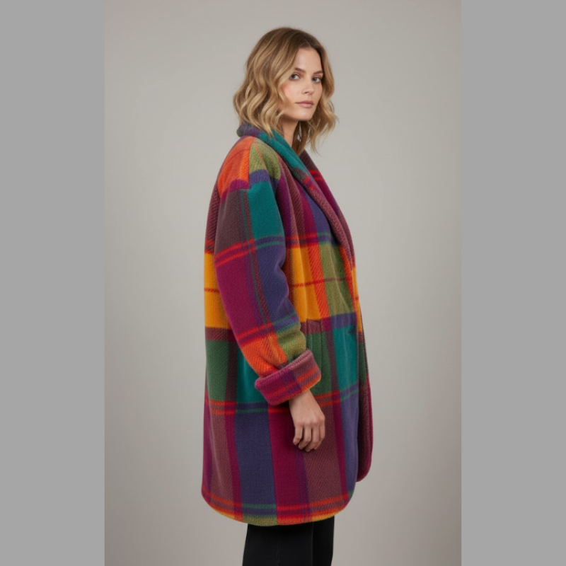 Luźny damski płaszcz w kratę – stylowa wielokolorowa odzież wierzchnia na jesień i zimę