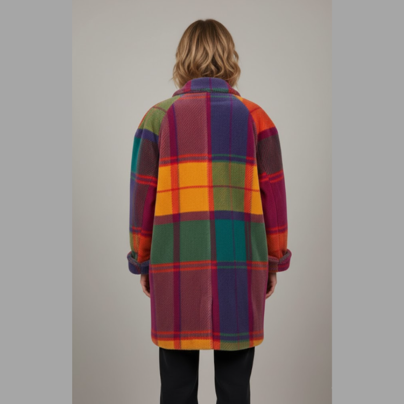 Luźny damski płaszcz w kratę – stylowa wielokolorowa odzież wierzchnia na jesień i zimę