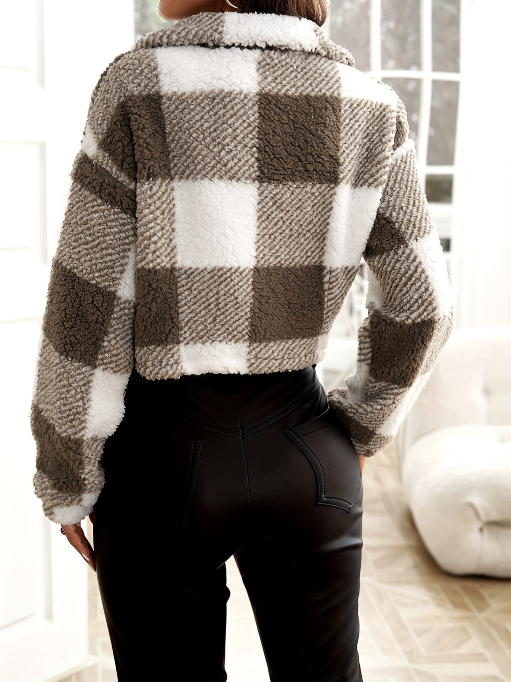 Cambrie | Women's Plaid Off-Shoulder Zip-Up Jacket – Long Sleeve