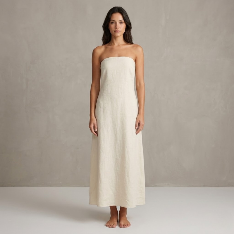 Elegancka lniana sukienka maxi bez ramiączek – minimalistyczny szykowny strój na lato dla kobiet