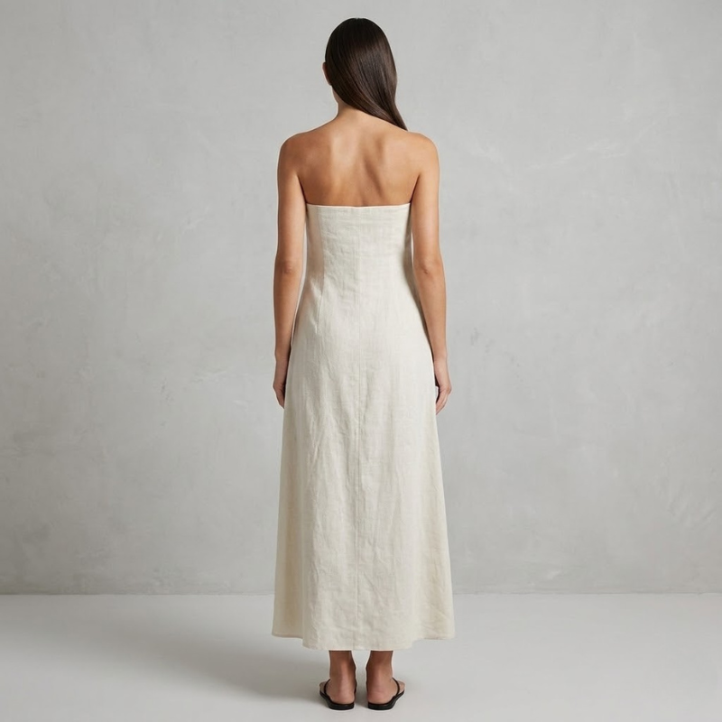 Elegancka lniana sukienka maxi bez ramiączek – minimalistyczny szykowny strój na lato dla kobiet