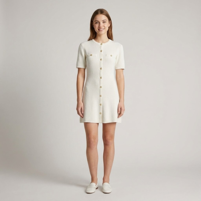 Elegancka dzianinowa mini sukienka – stylowa sukienka damska z akcentem w postaci złotych guzików