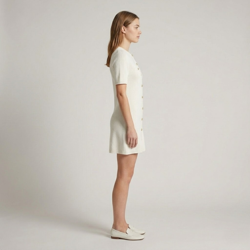 Elegancka dzianinowa mini sukienka – stylowa sukienka damska z akcentem w postaci złotych guzików