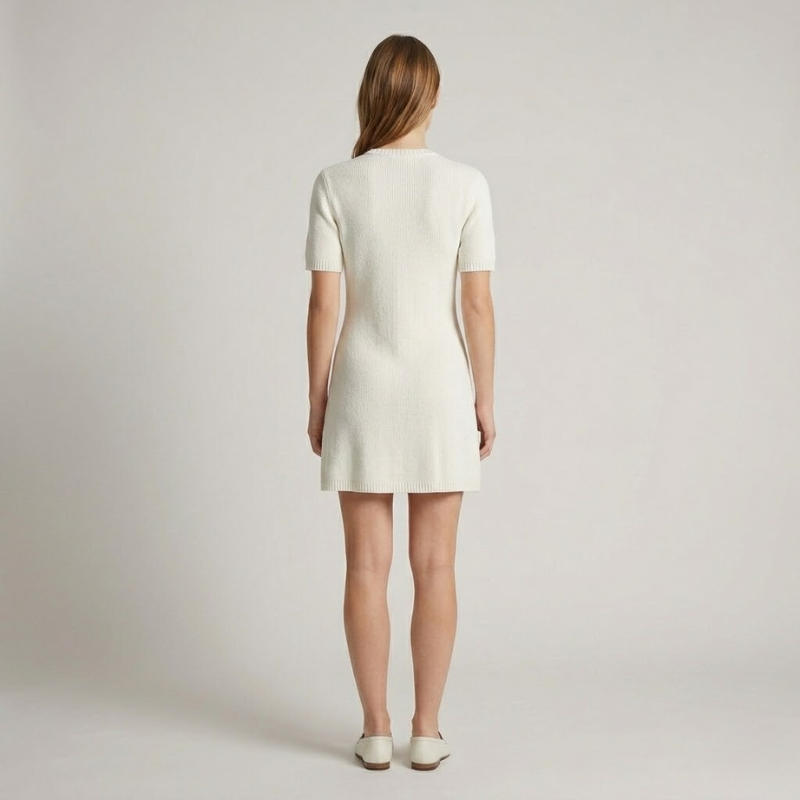 Elegancka dzianinowa mini sukienka – stylowa sukienka damska z akcentem w postaci złotych guzików