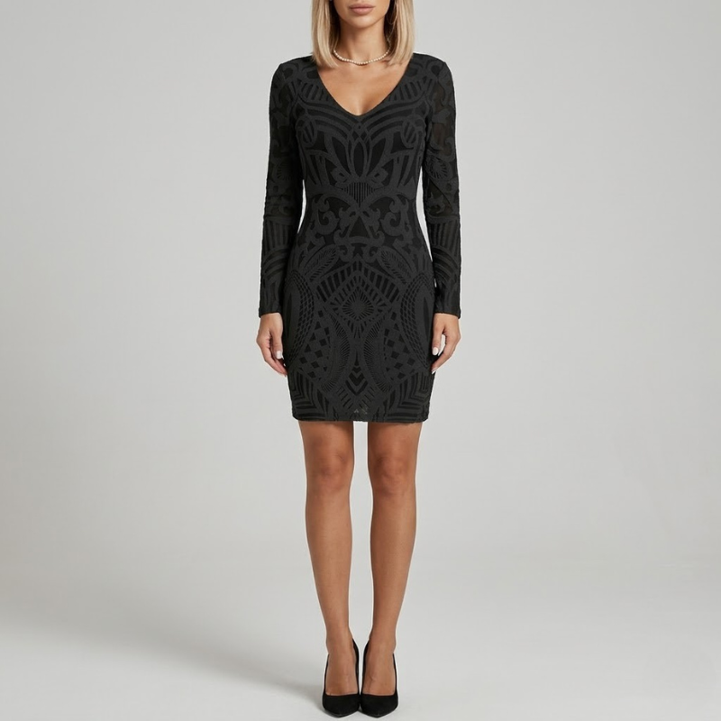 Elegancka, dopasowana mini sukienka z dekoltem w serek – pochlebny, dopasowany krój, idealny na imprezę i wieczorne wyjście