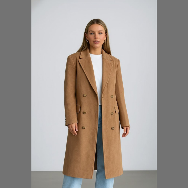 Elegancki długi płaszcz damski z klapami – nowoczesna, wyrafinowana odzież wierzchnia