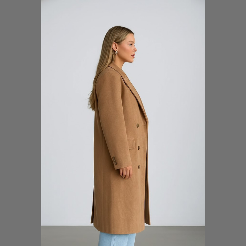 Elegancki długi płaszcz damski z klapami – nowoczesna, wyrafinowana odzież wierzchnia