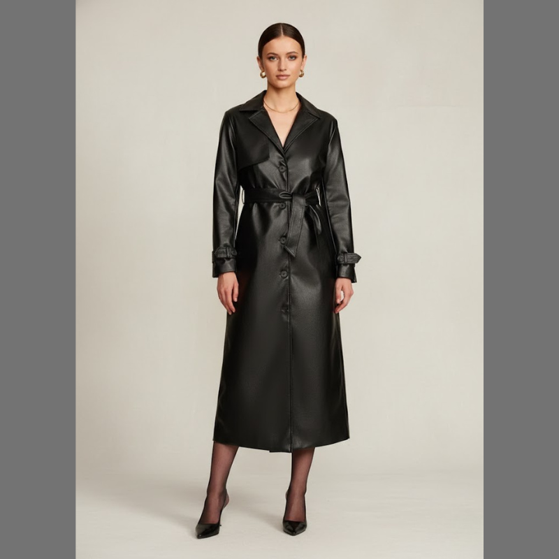 Czarny damski płaszcz typu trencz z ekoskóry o długim fasonie – elegancki i nowoczesny