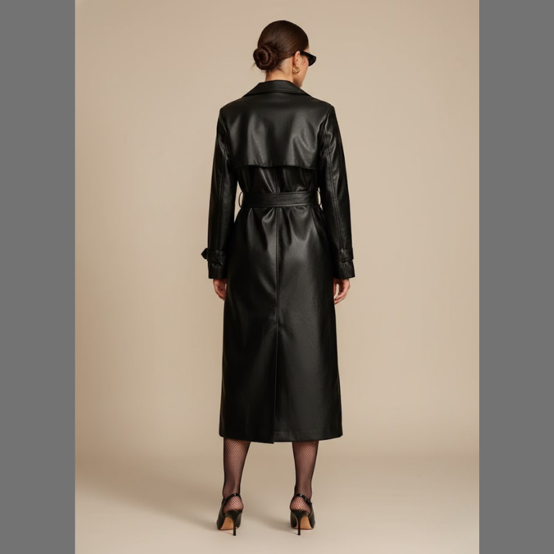 Czarny damski płaszcz typu trencz z ekoskóry o długim fasonie – elegancki i nowoczesny
