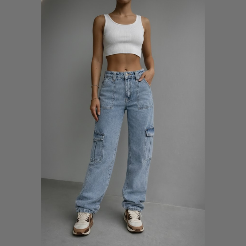 Jeansy cargo w stylu ulicznym – niski stan, prosty krój i wiele kieszeni