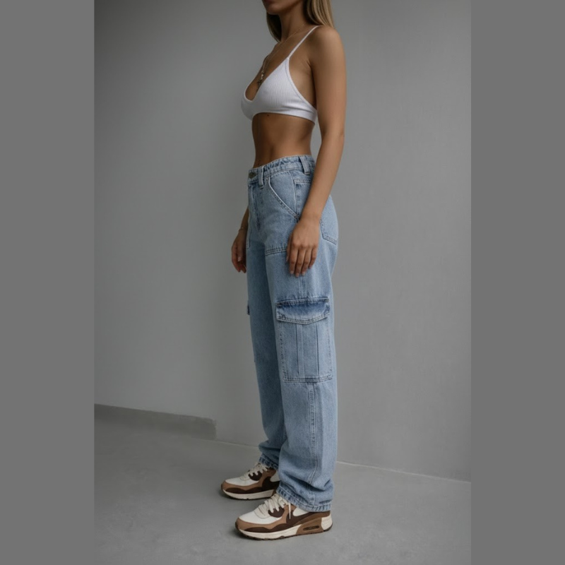 Jeansy cargo w stylu ulicznym – niski stan, prosty krój i wiele kieszeni