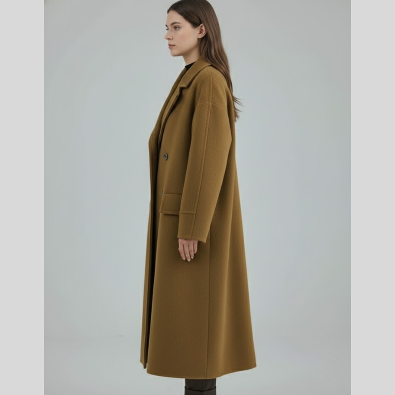 Elegancki, dwurzędowy, długi płaszcz damski – styl gotowy na zimę