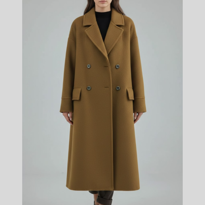 Elegancki, dwurzędowy, długi płaszcz damski – styl gotowy na zimę