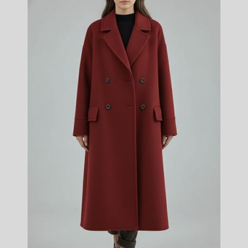 Elegancki, dwurzędowy, długi płaszcz damski – styl gotowy na zimę
