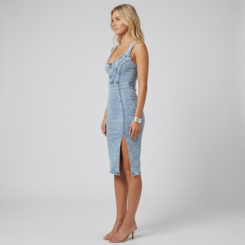 Elegancka, lekka, jeansowa sukienka letnia – modna, swobodna, letnia sukienka jeansowa dla kobiet